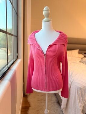 Pink Ribbed Zip-Up Sweater Jacket